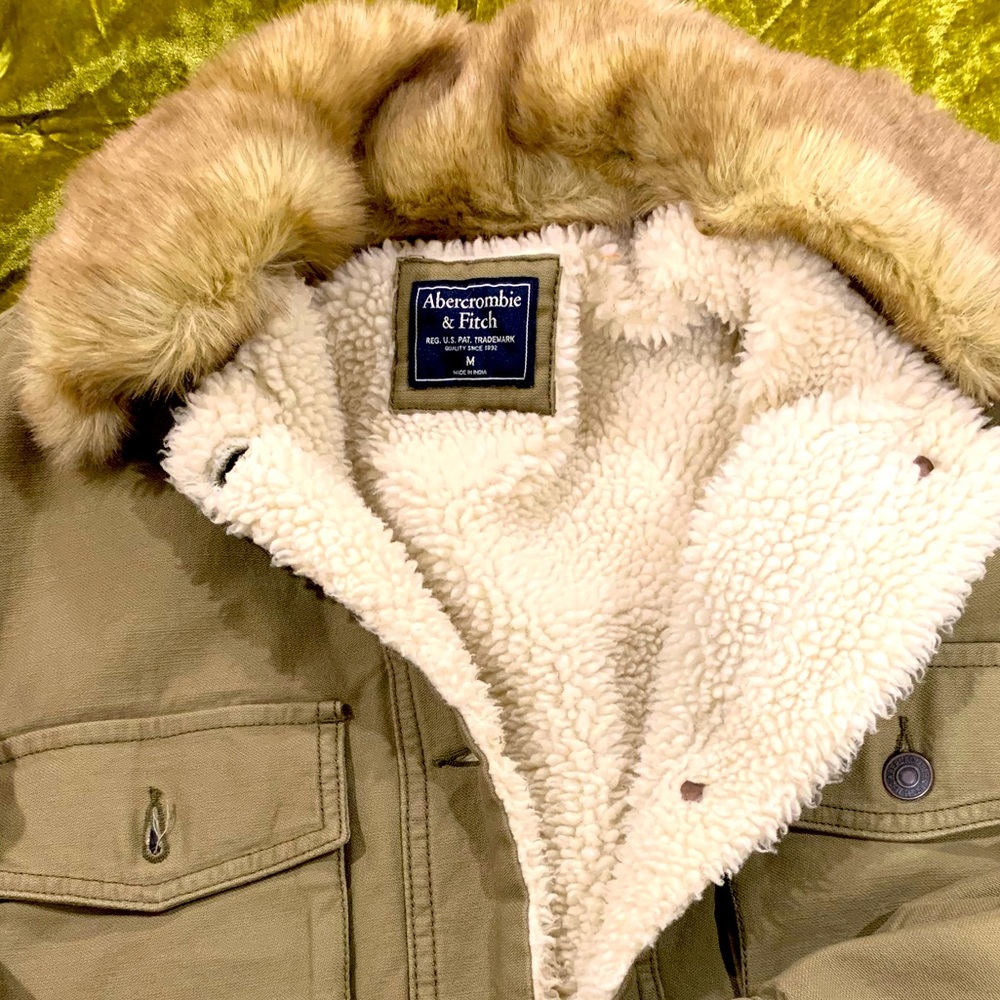 ABERCROMBIE  M SHERPA DENIM FAUX FUR JACKET OLIVE